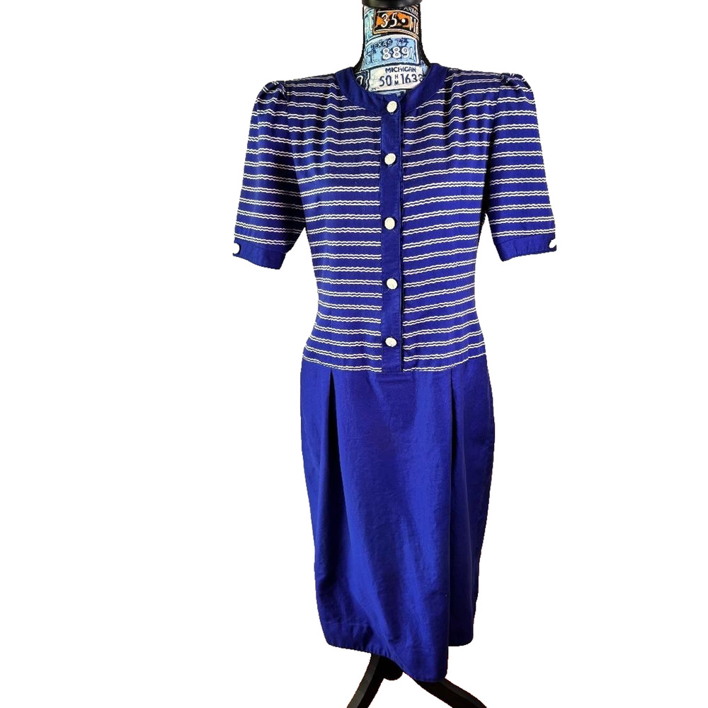 Vintage David Warren Midi Dress Blue with white stripes Sz 12 ILGWU‎ Made in USA